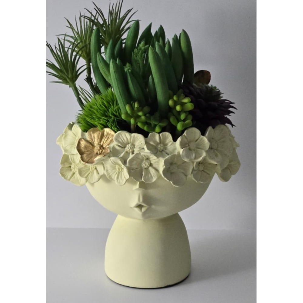 Handmade Ceramic Flower Head Planter with Artificial Succulents –